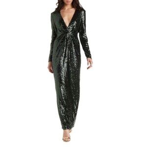👑 CHARLOTTE RUSSE Black Plunging Long Sleeve Sequin Maxi Dress size small